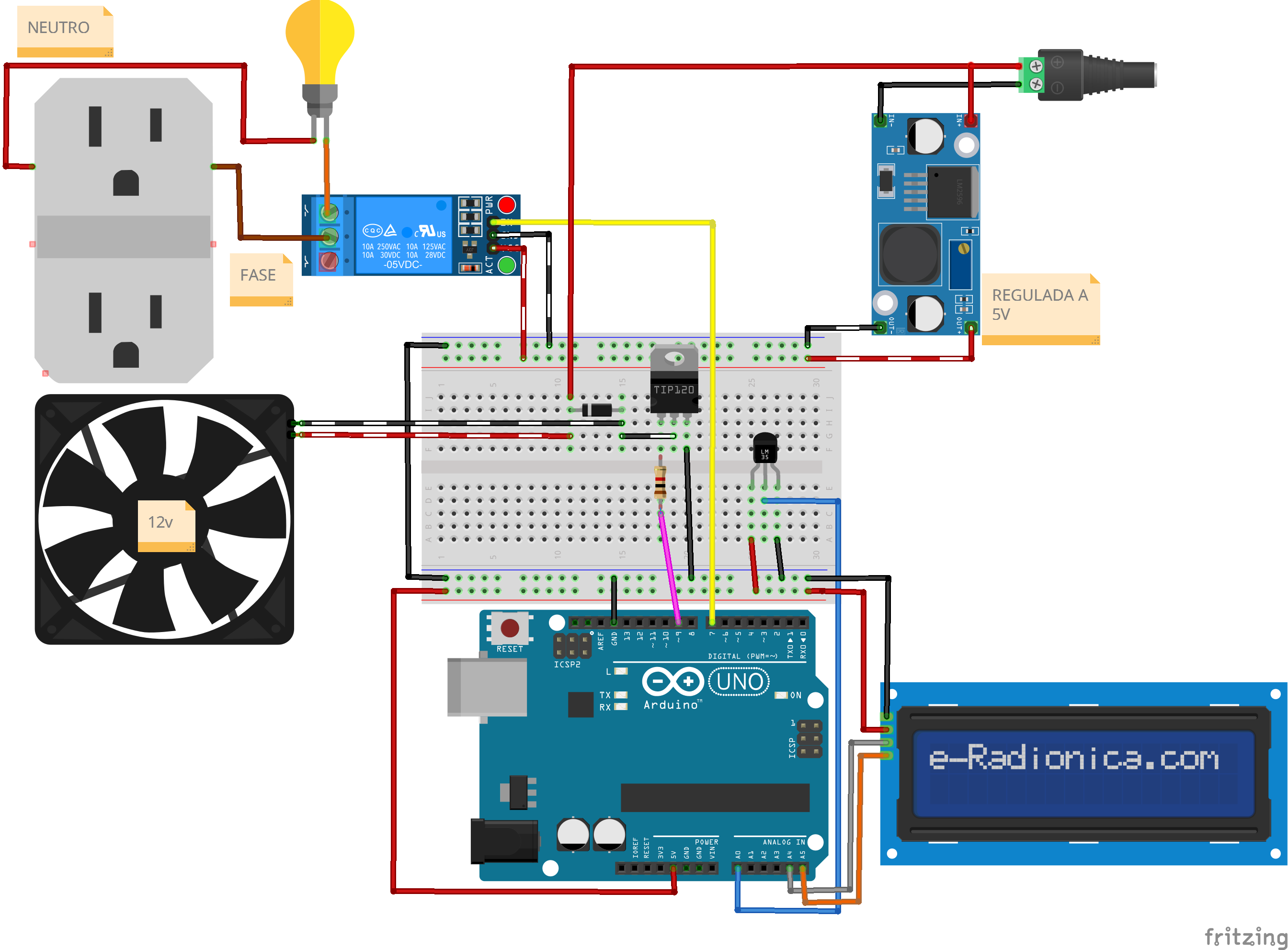 Diagrama de conexiones completo del Proyecto Integrador 2 con regulador Buck LM2596, LM35, LCD I2C, Relé y TIP120
